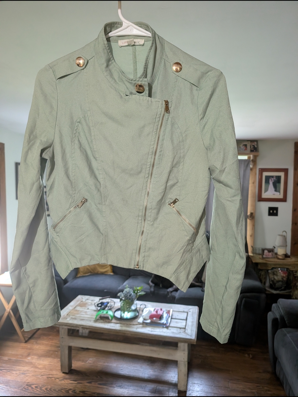 Light Sage Utility Moto Jacket with Gold Buttons